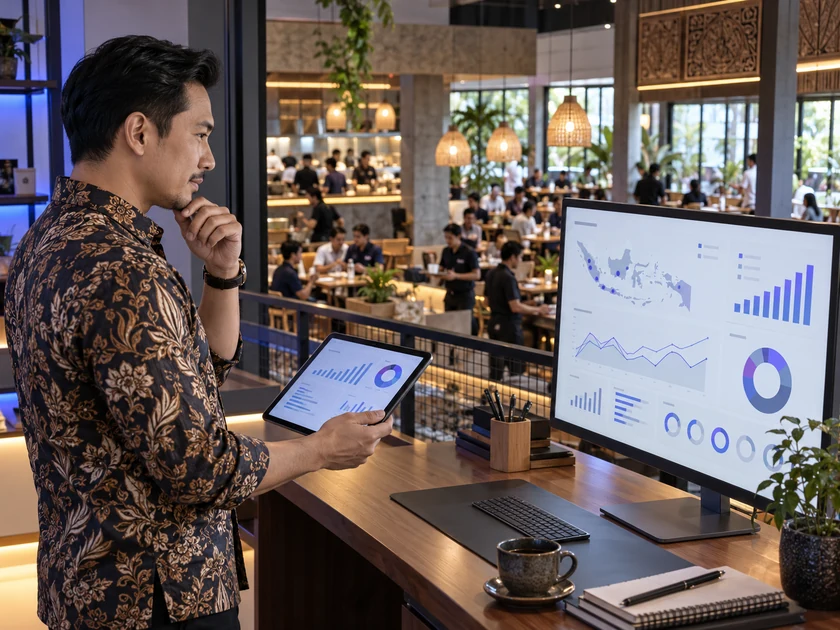 Pemilik restoran meninjau performa outlet pada dashboard