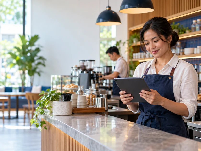 Pemilik restoran meninjau performa usaha melalui tablet
