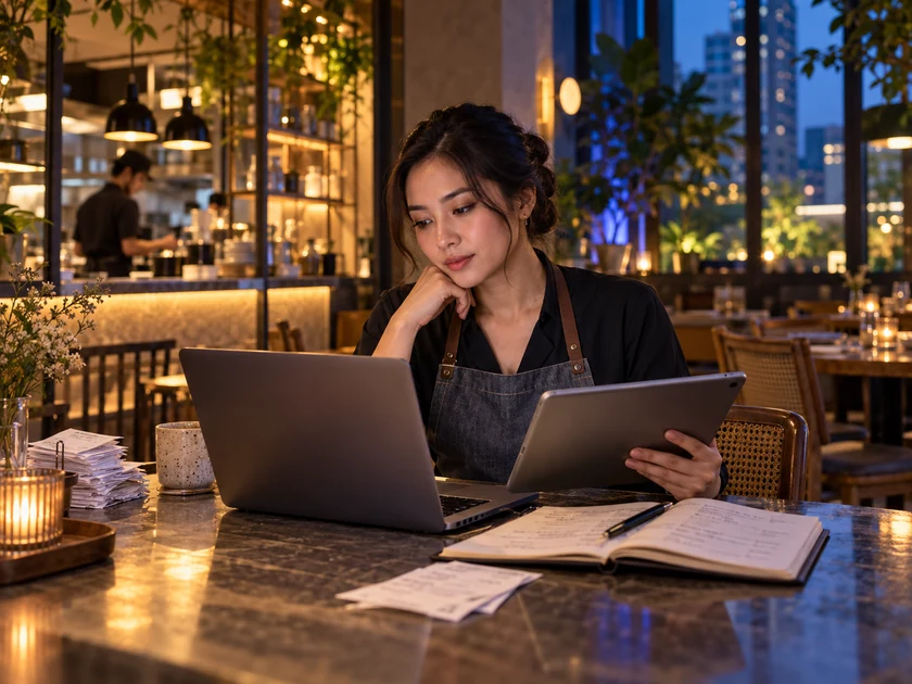 Pemilik kafe meninjau laporan usaha melalui laptop dan tablet
