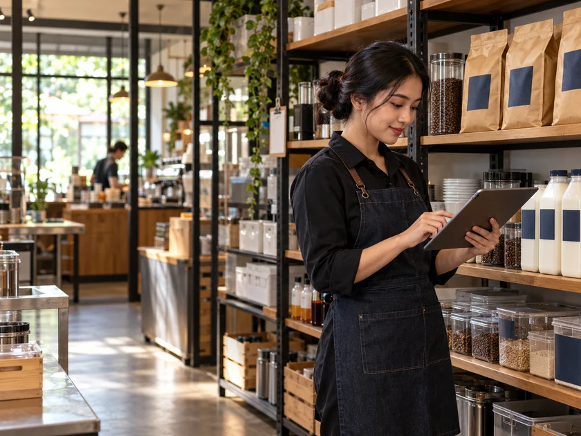 Manager kafe memeriksa persediaan bahan melalui tablet