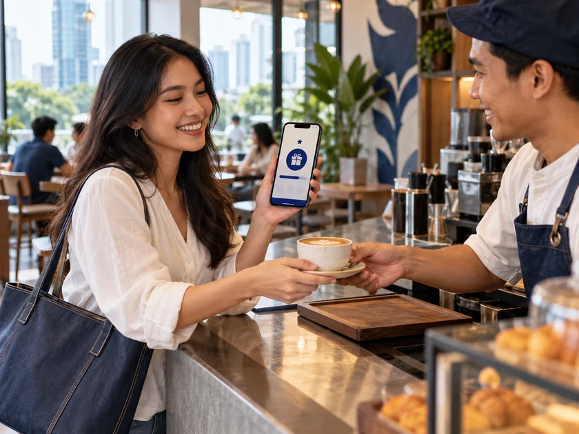 Pelanggan melihat reward loyalitas saat menerima kopi