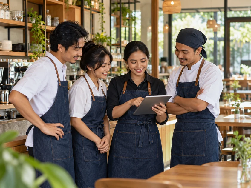 Tim kafe meninjau jadwal shift bersama sebelum buka