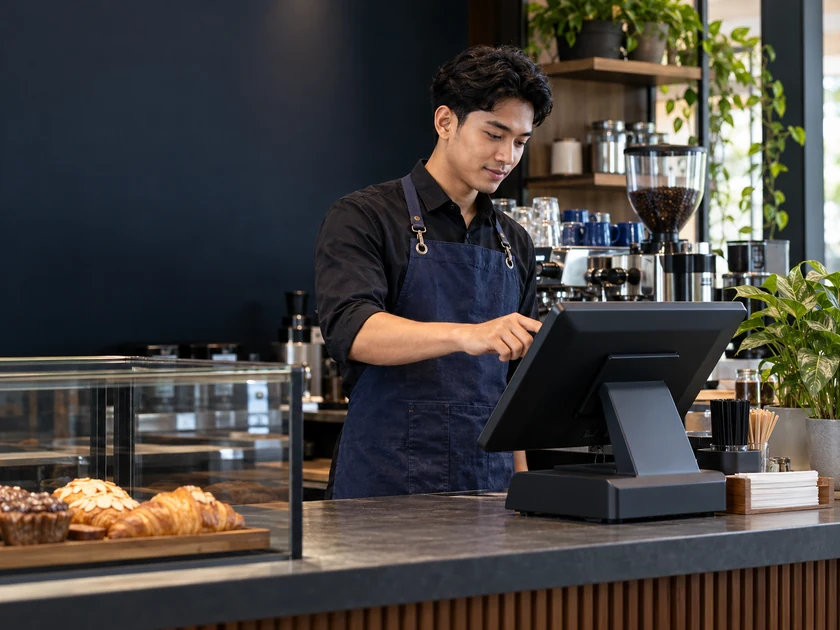Kasir Indonesia mengoperasikan terminal POS di konter kafe
