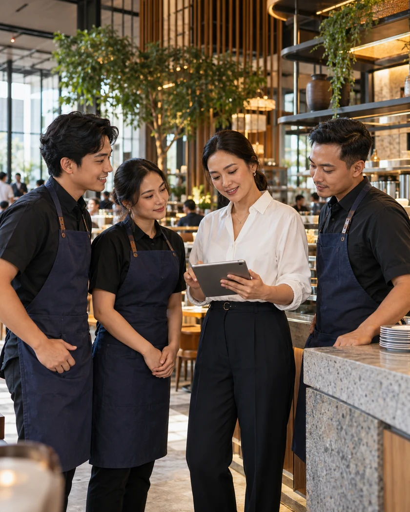 Pemilik restoran meninjau operasional bersama tim kafe
