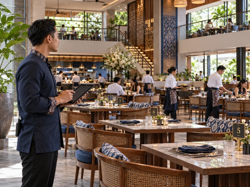 Floor manager meninjau denah meja restoran melalui tablet